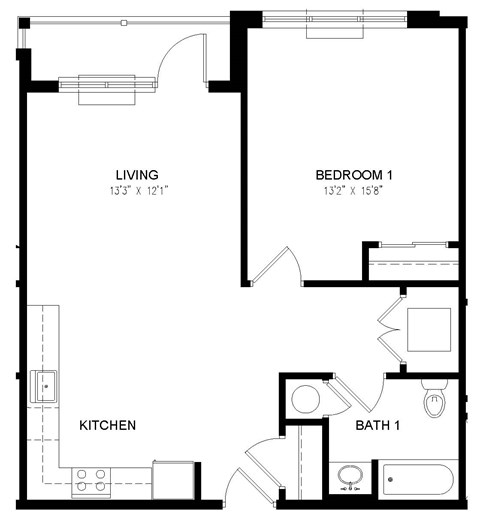 Floor plan for 1 bed, 1 bath, 733 sqft